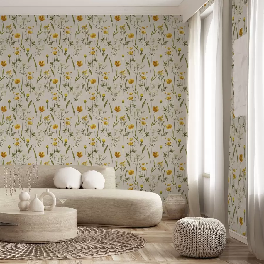 wall murals Yellow flowers and greenery on a beige background a00472v2