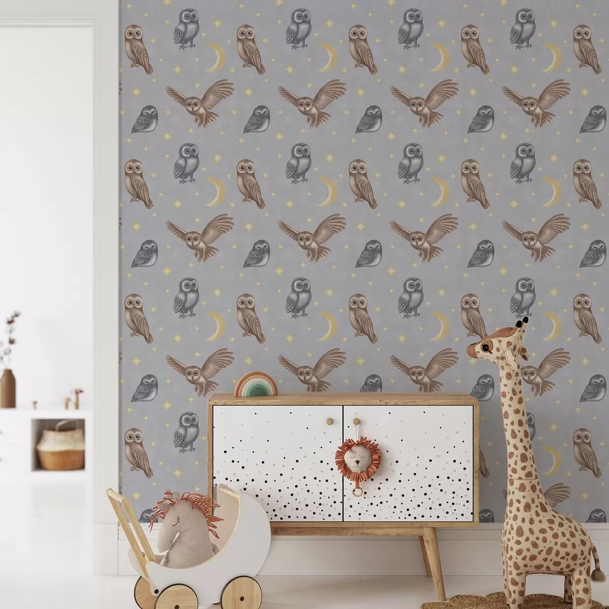 Wallpaper Owls and stars on a gray night sky background a00475