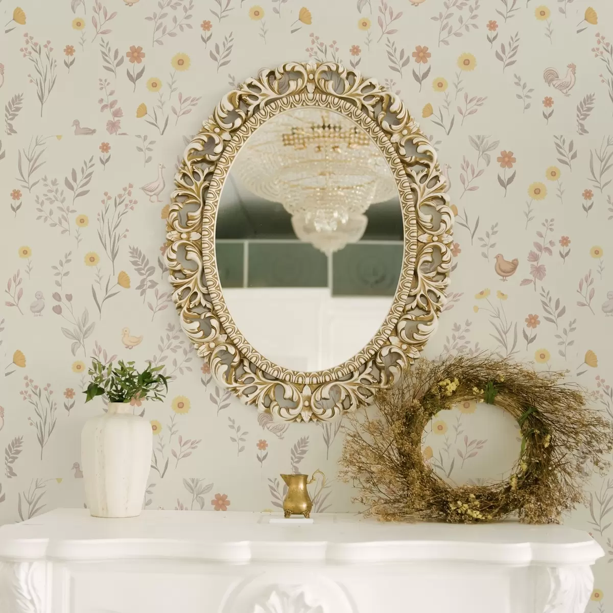 Wallpaper Field flowers and chickens in soft pastel tones a00478