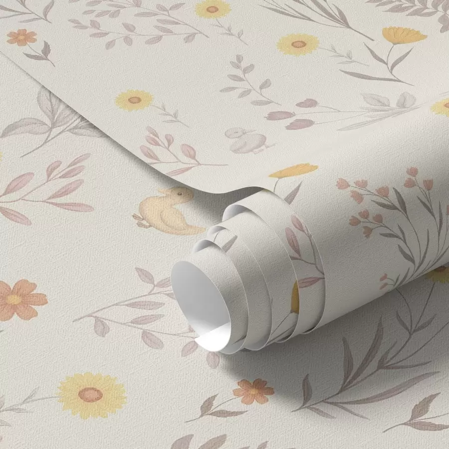 wall murals Field flowers and chickens in soft pastel tones a00478