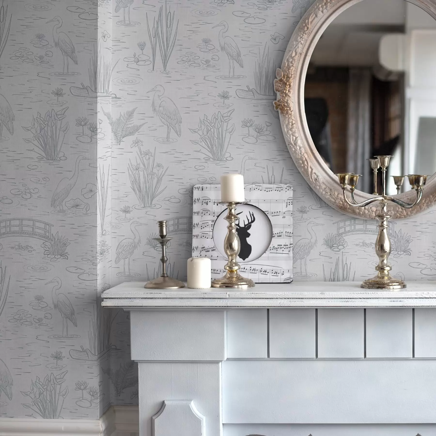 wall murals Drawing of herons and water plants in calm gray shades a00479