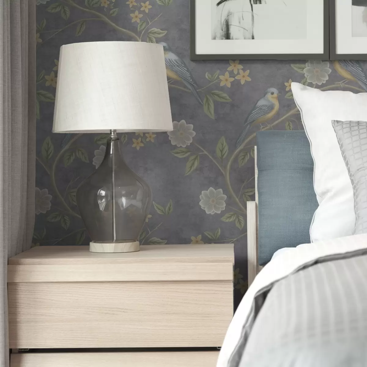 Wallpaper Birds on branches among flowers on a gray background a00483