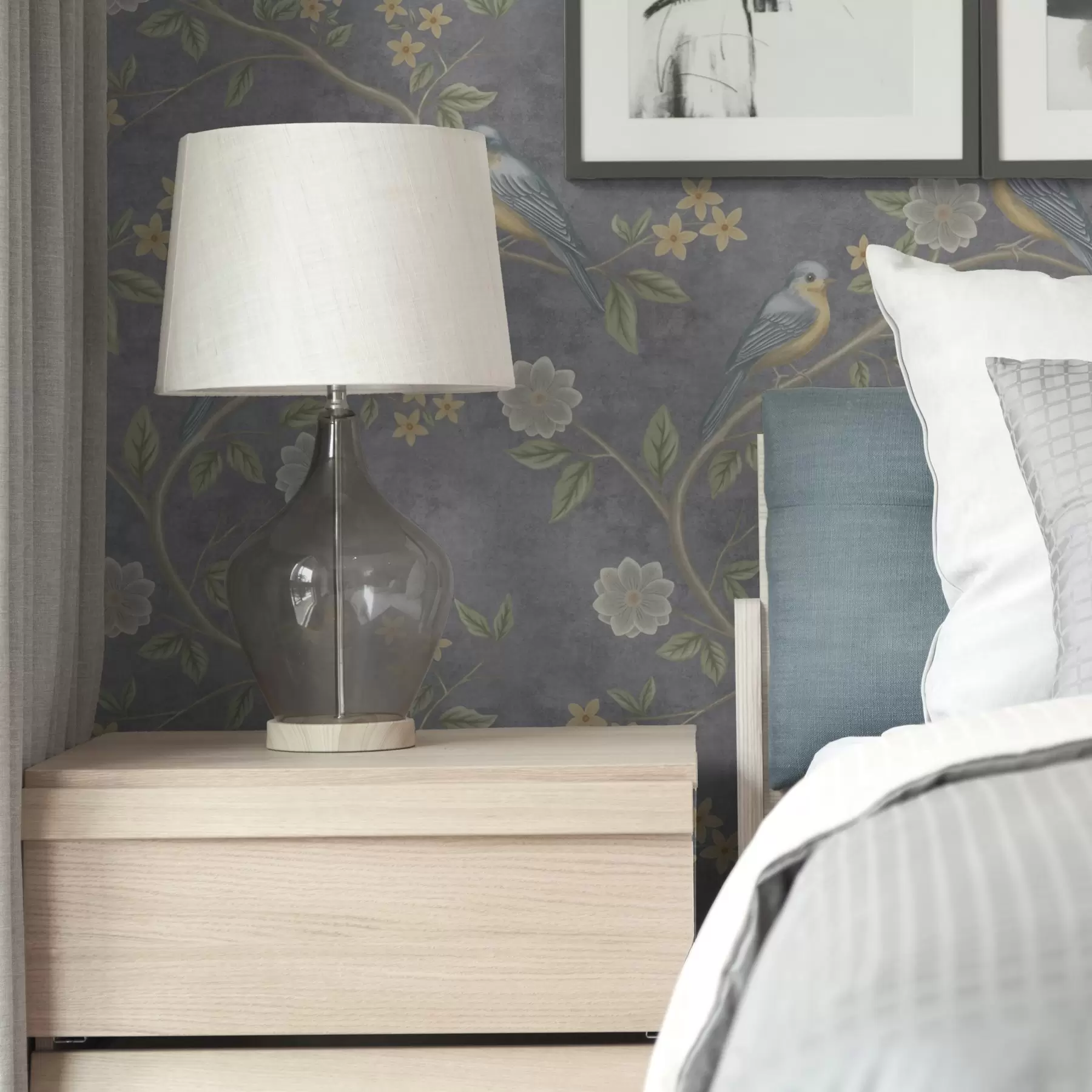 wall murals Birds on branches among flowers on a gray background a00483