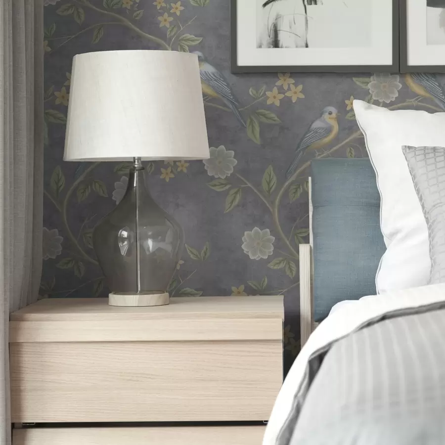 wall murals Birds on branches among flowers on a gray background a00483