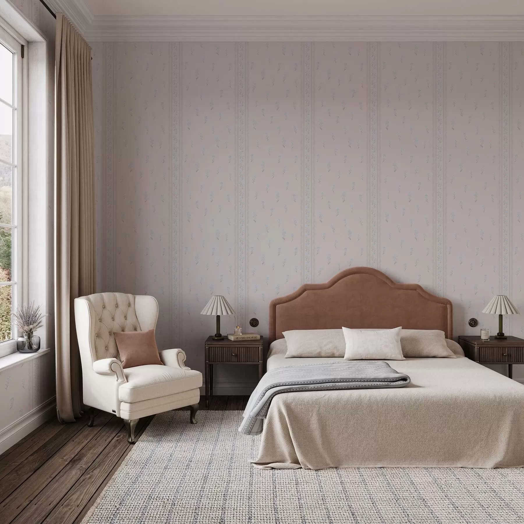 wall murals Pink background with delicate blue flowers and border a00484