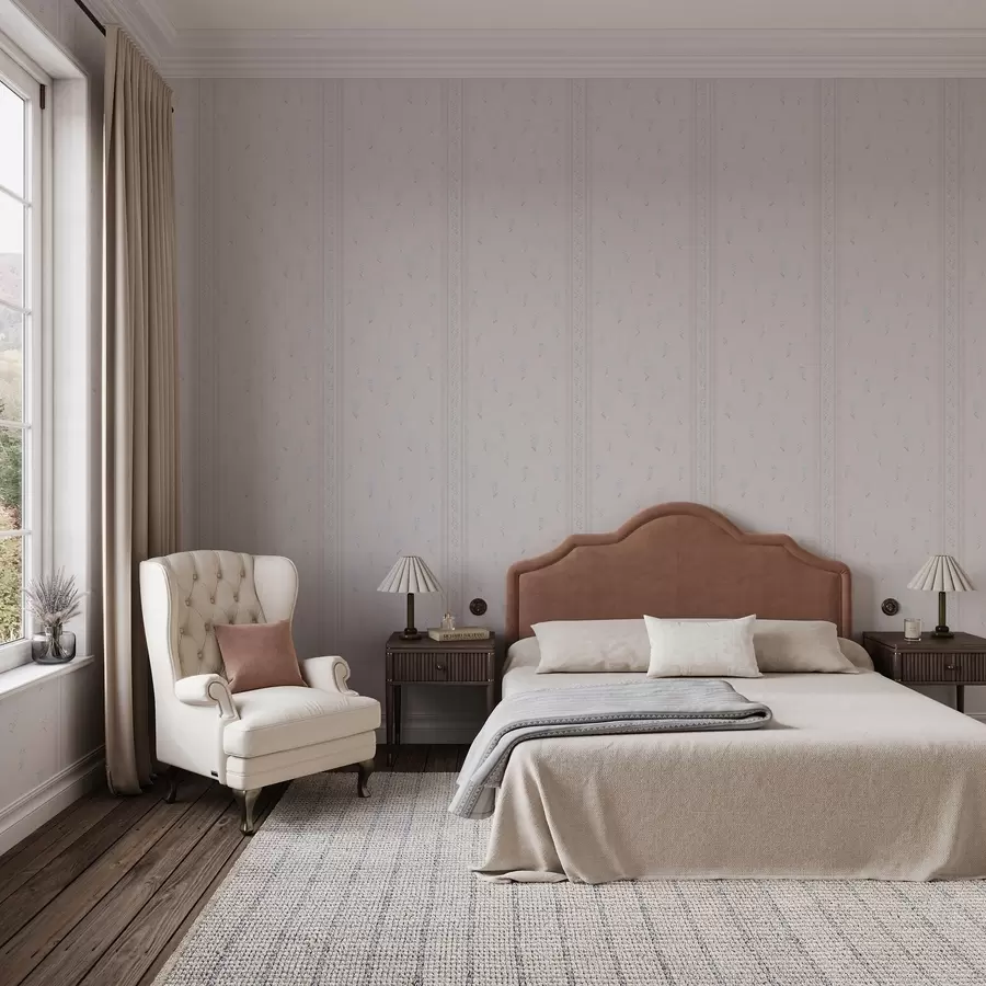 wall murals Pink background with delicate blue flowers and border a00484