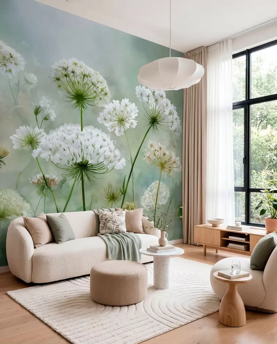 wall murals delicate white wildflowers Queen Anne, in a picturesque style, green tones w04313