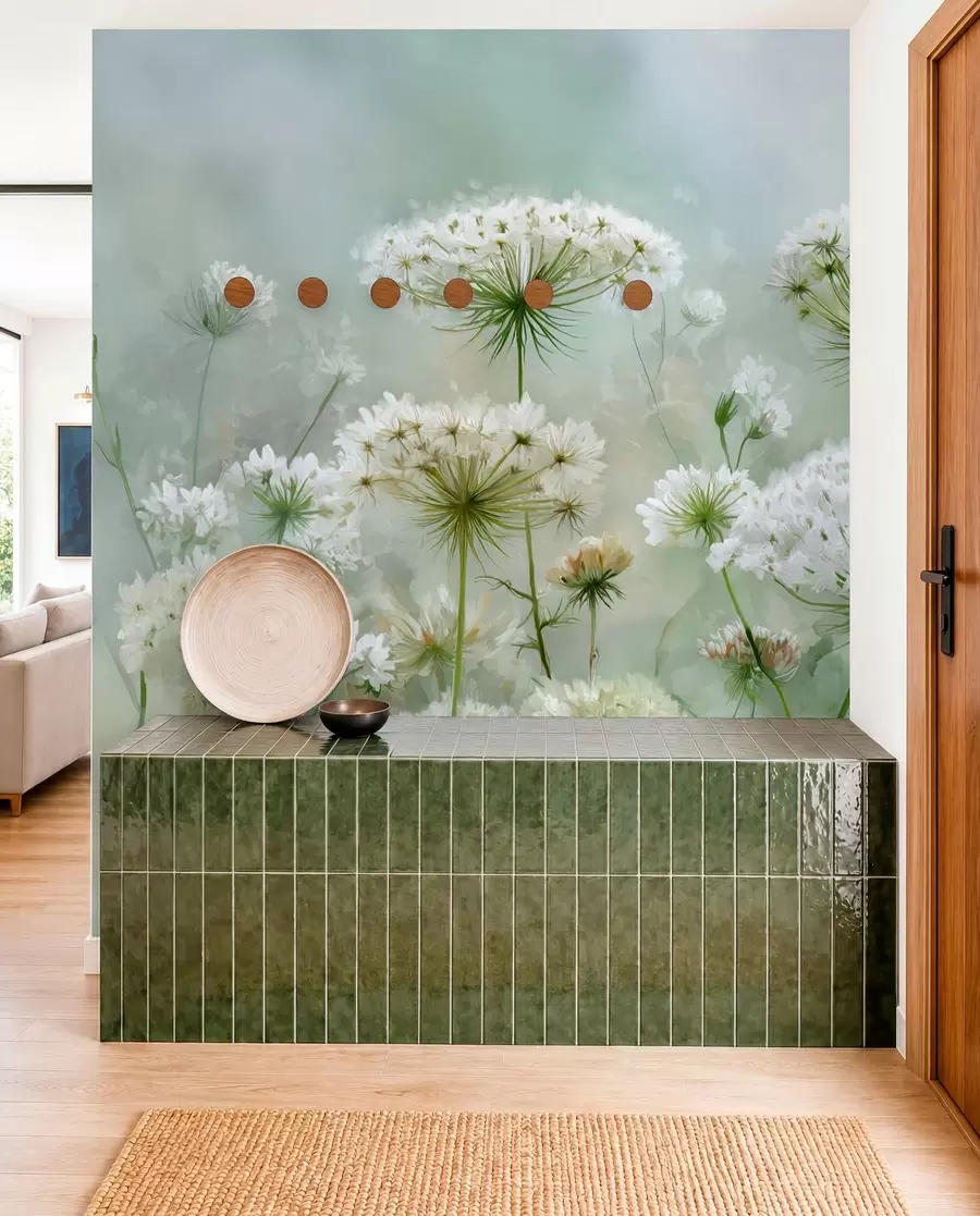 wall murals delicate white wildflowers Queen Anne, in a picturesque style, green tones w04313