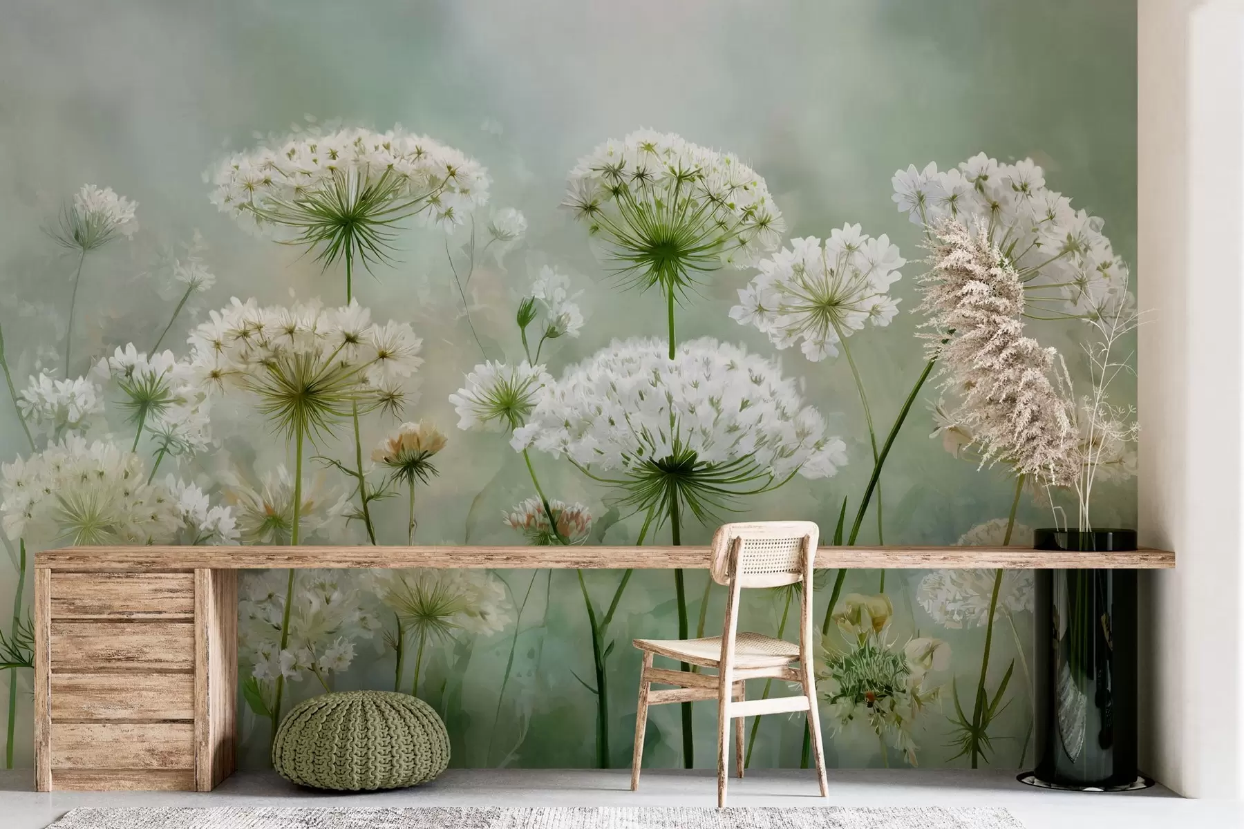 wall murals delicate white wildflowers Queen Anne, in a picturesque style, green tones w04313