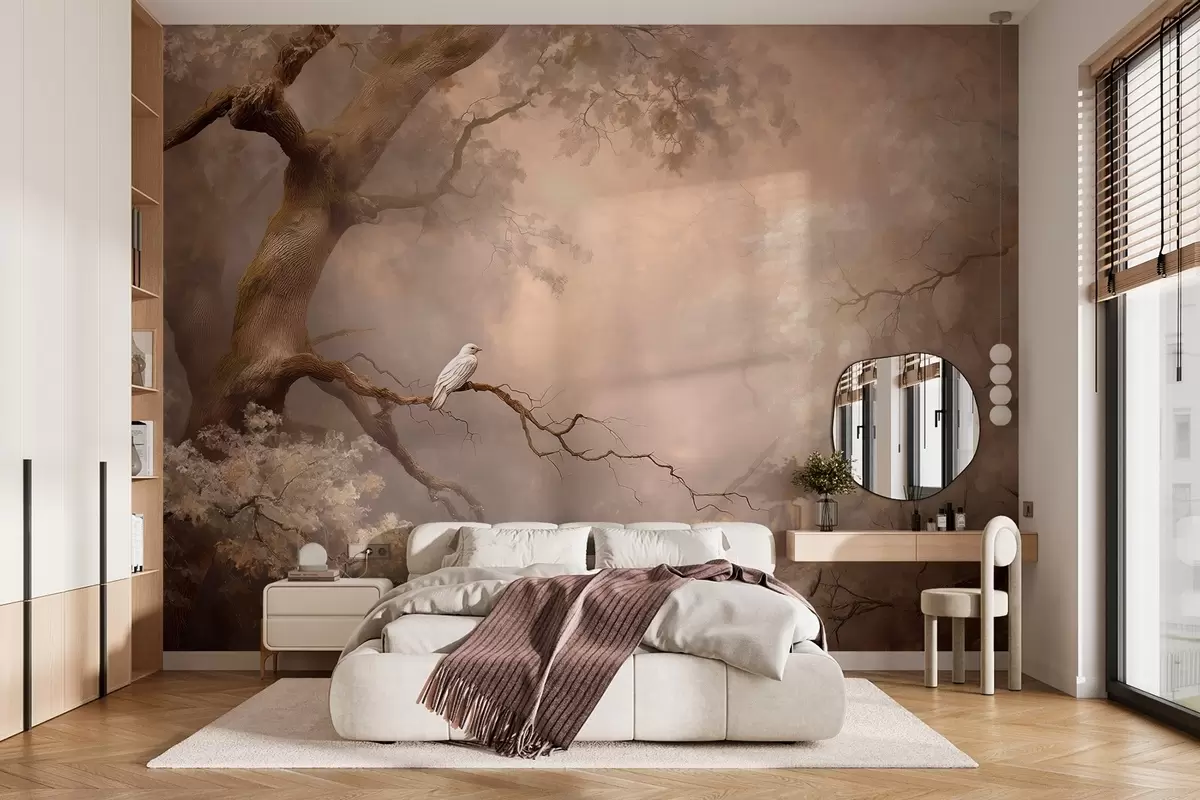 wall murals mystical forest with a white bird w04314