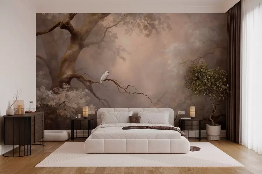 wall murals mystical forest with a white bird w04314