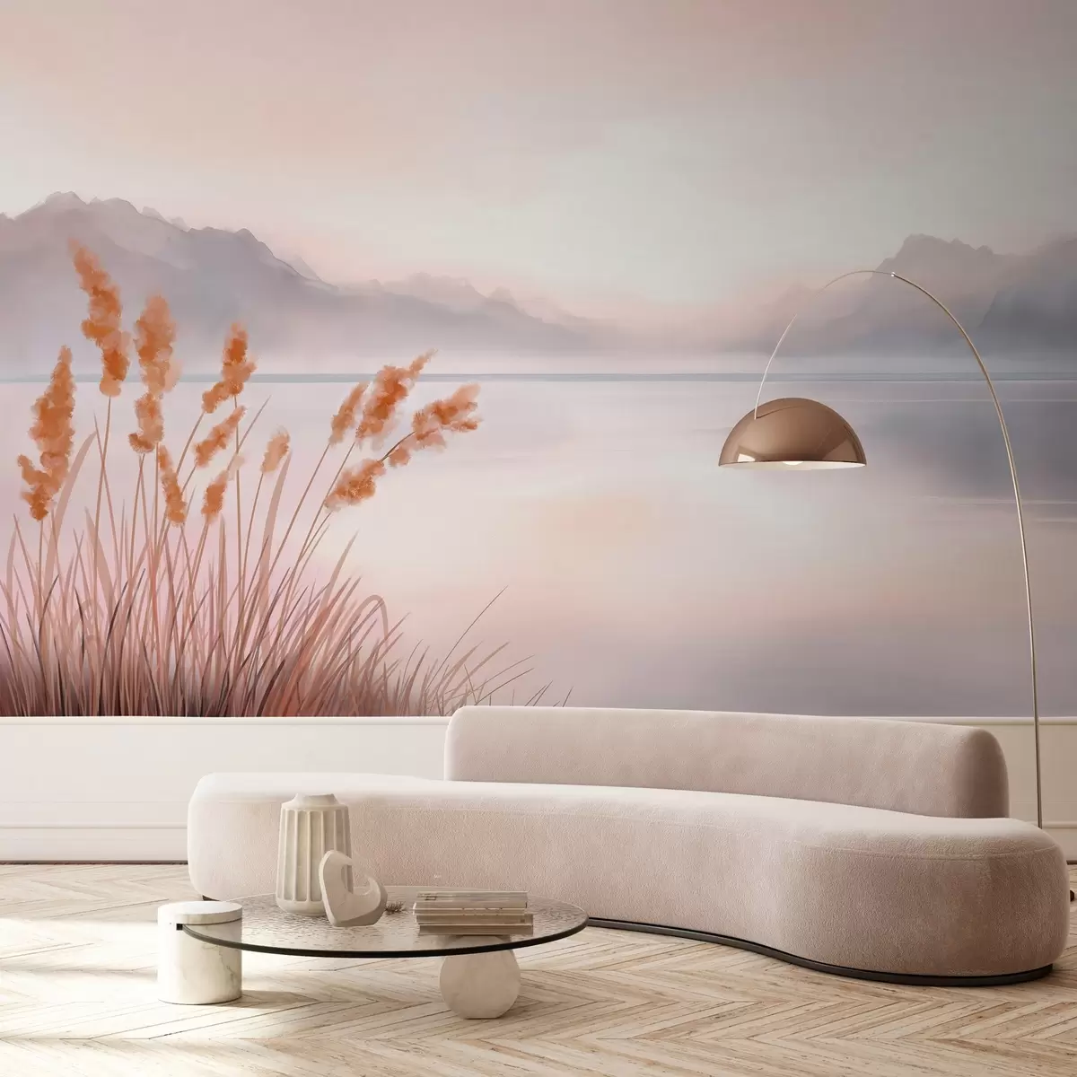 wall murals a picturesque lake with reeds and mountains w04315