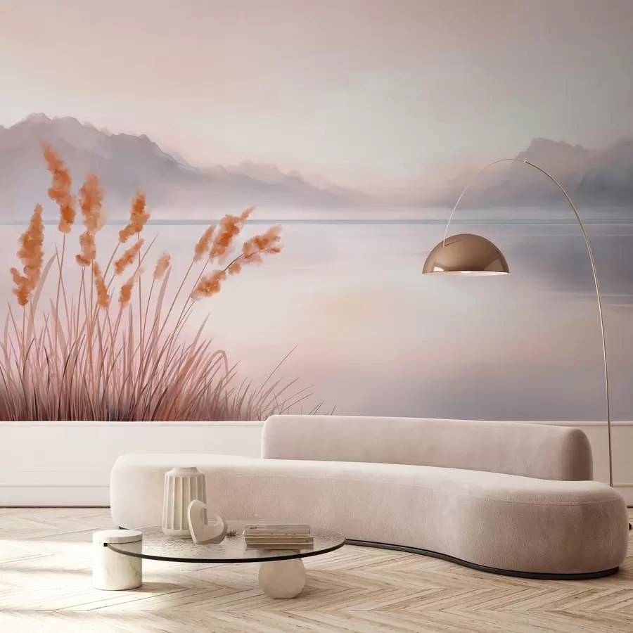 wall murals a picturesque lake with reeds and mountains w04315