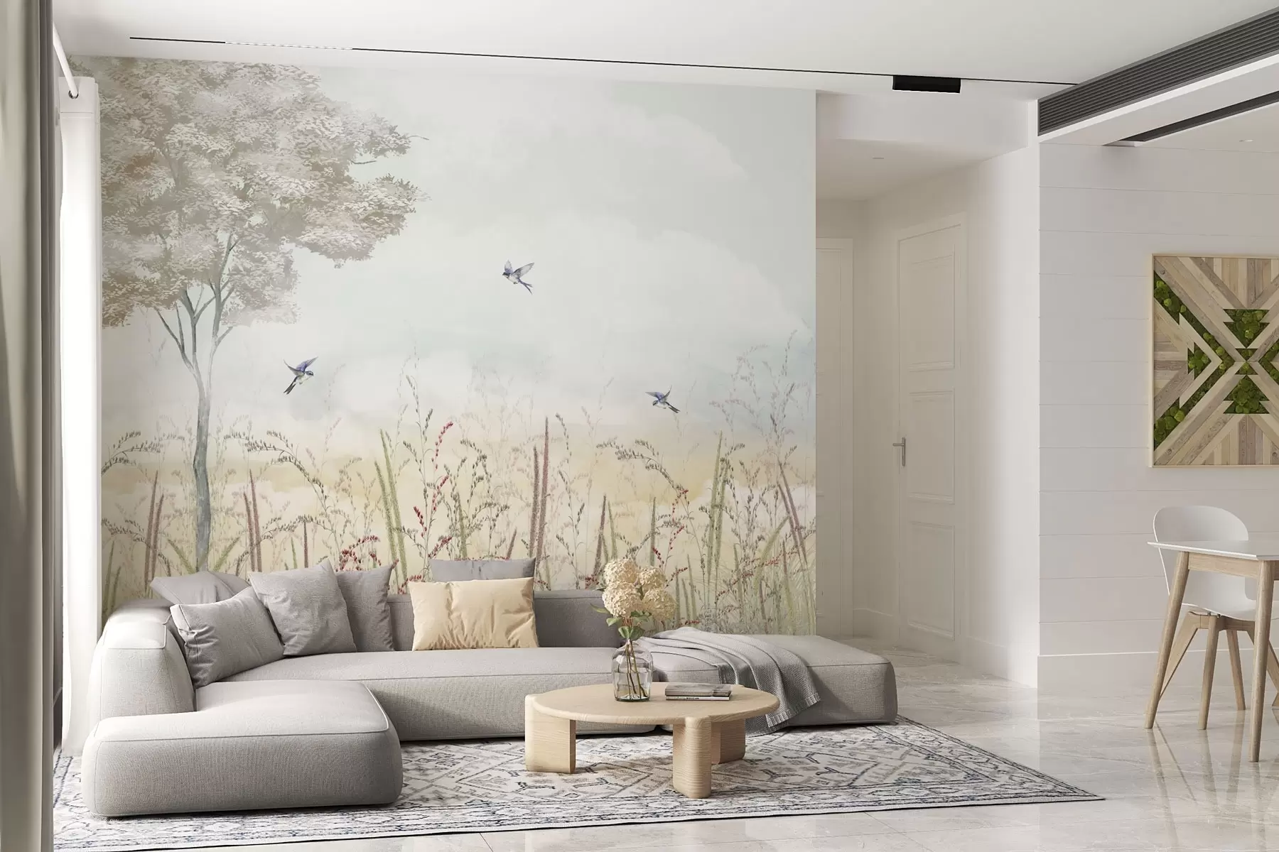wall murals Landscape with tree, birds and meadow grasses w04350