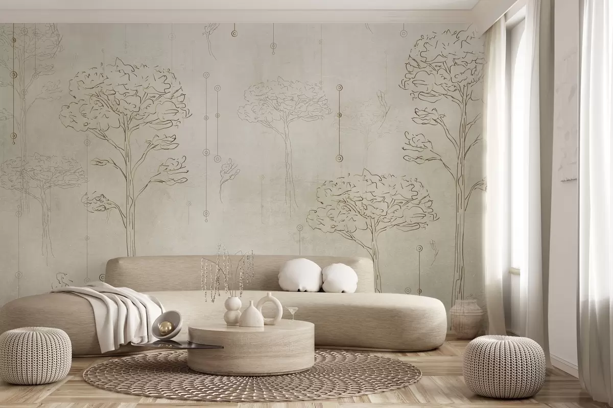 wall murals Linear silhouettes of trees in minimalist style w04403