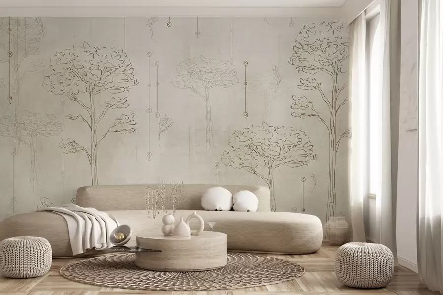 wall murals Linear silhouettes of trees in minimalist style w04403