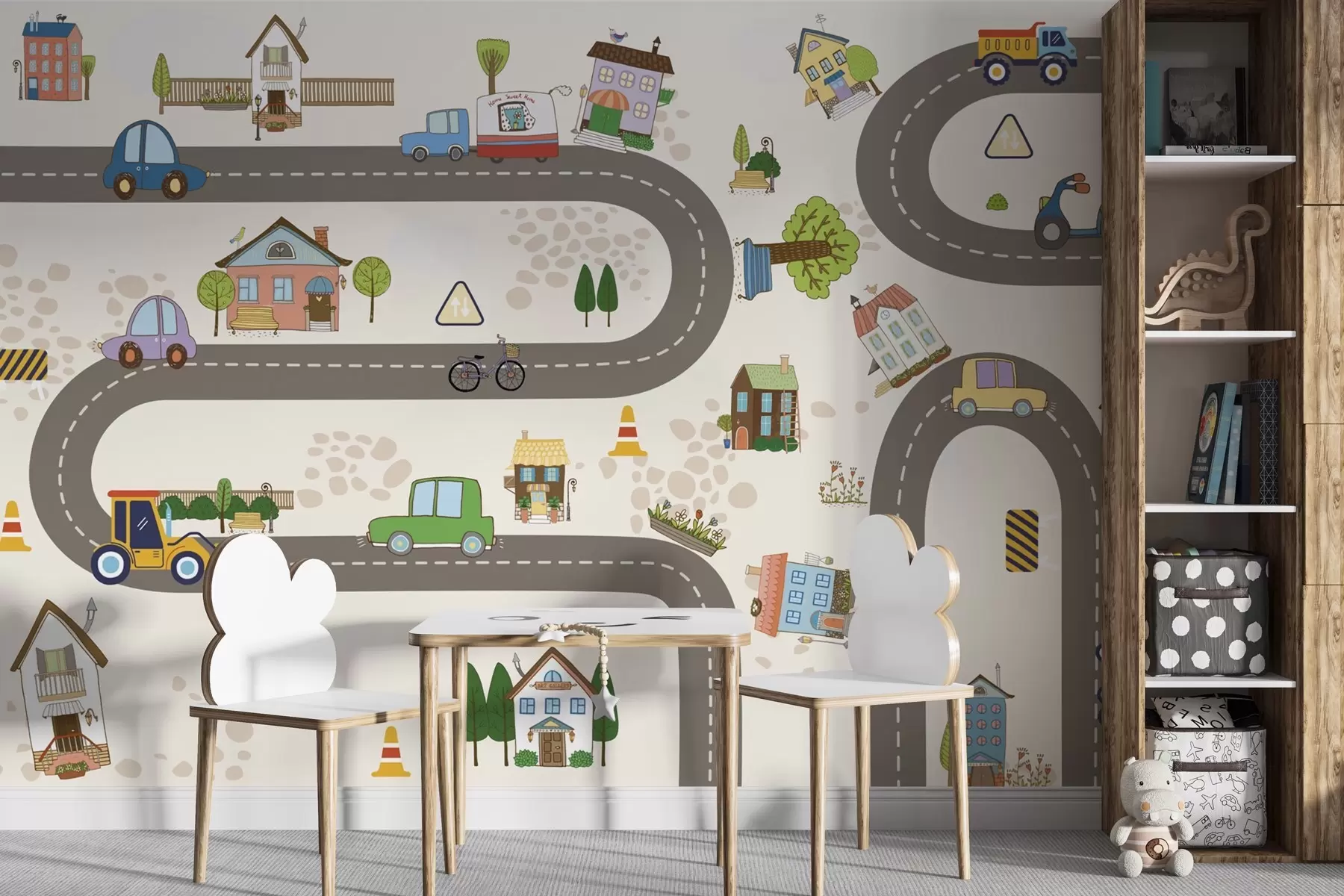 wall murals Children’s road with cars and colorful houses w04404