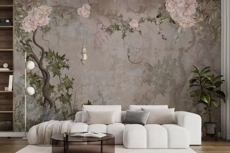 wall murals Fairy garden with flowers, trees and lantern w04416