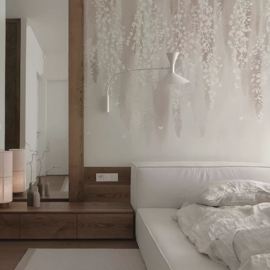 wall murals Light branches with white flowers on a gentle background w04417