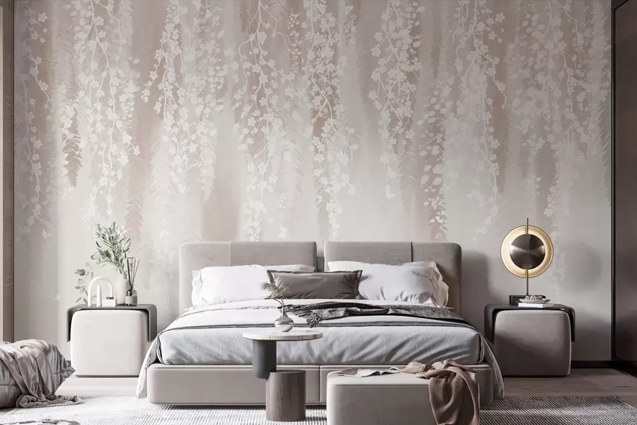 wall murals Light branches with white flowers on a gentle background w04417