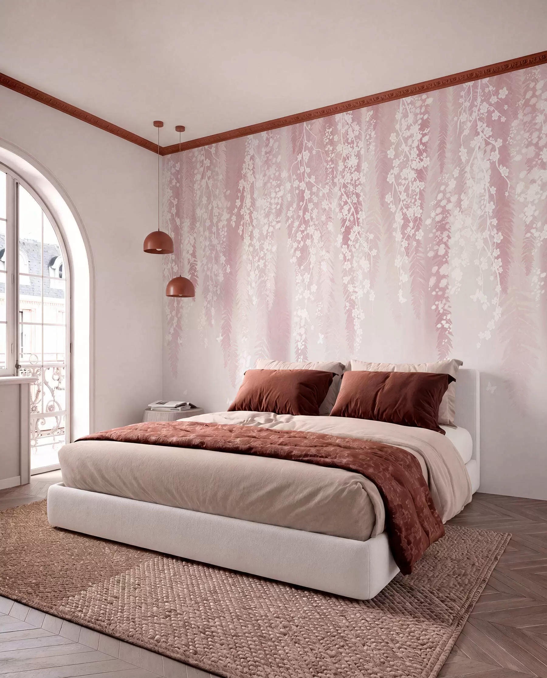 wall murals Pink version of branches with white flowers w04417v1