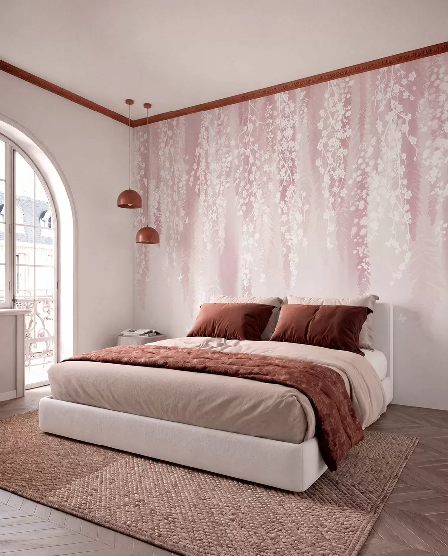 wall murals Pink version of branches with white flowers w04417v1