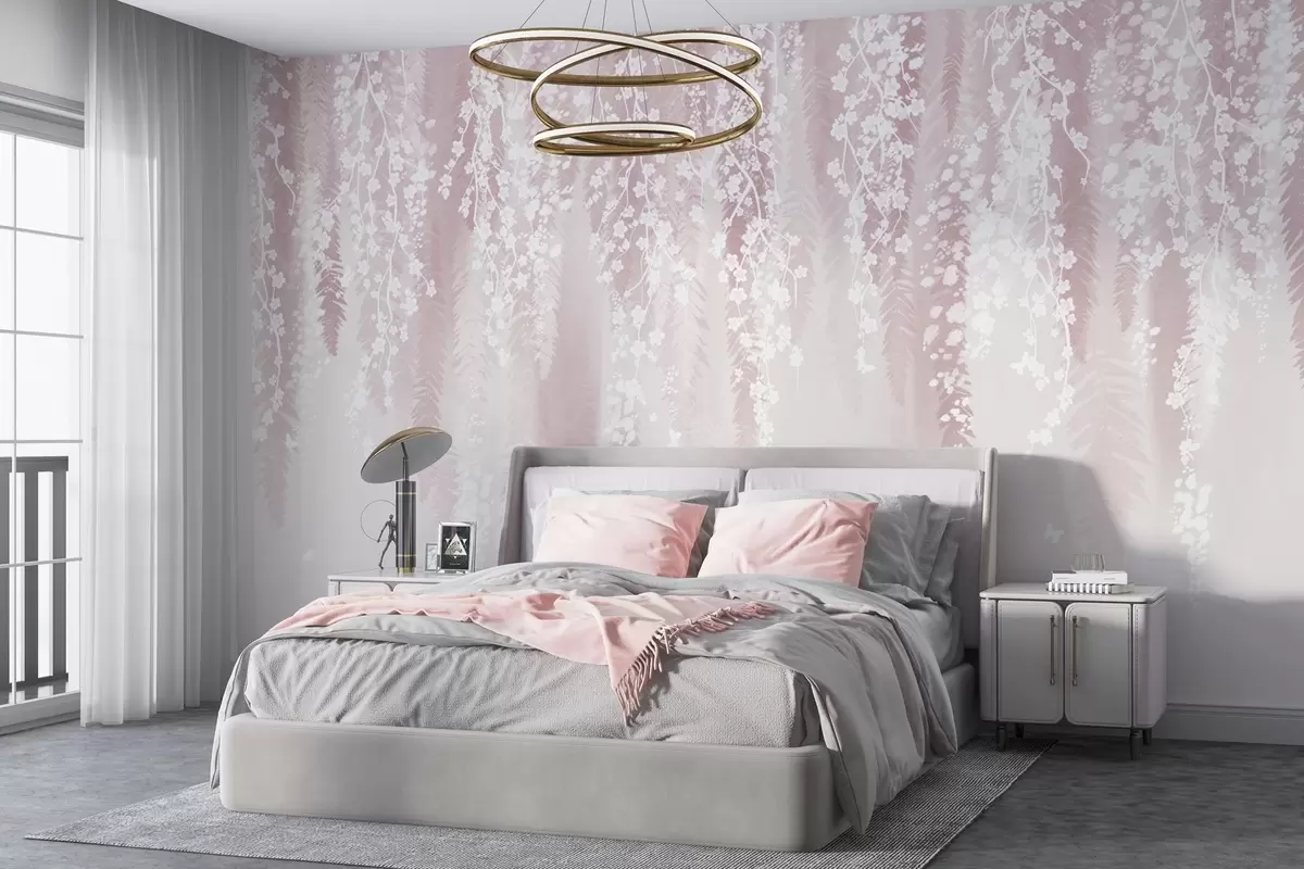 wall murals Pink version of branches with white flowers w04417v1