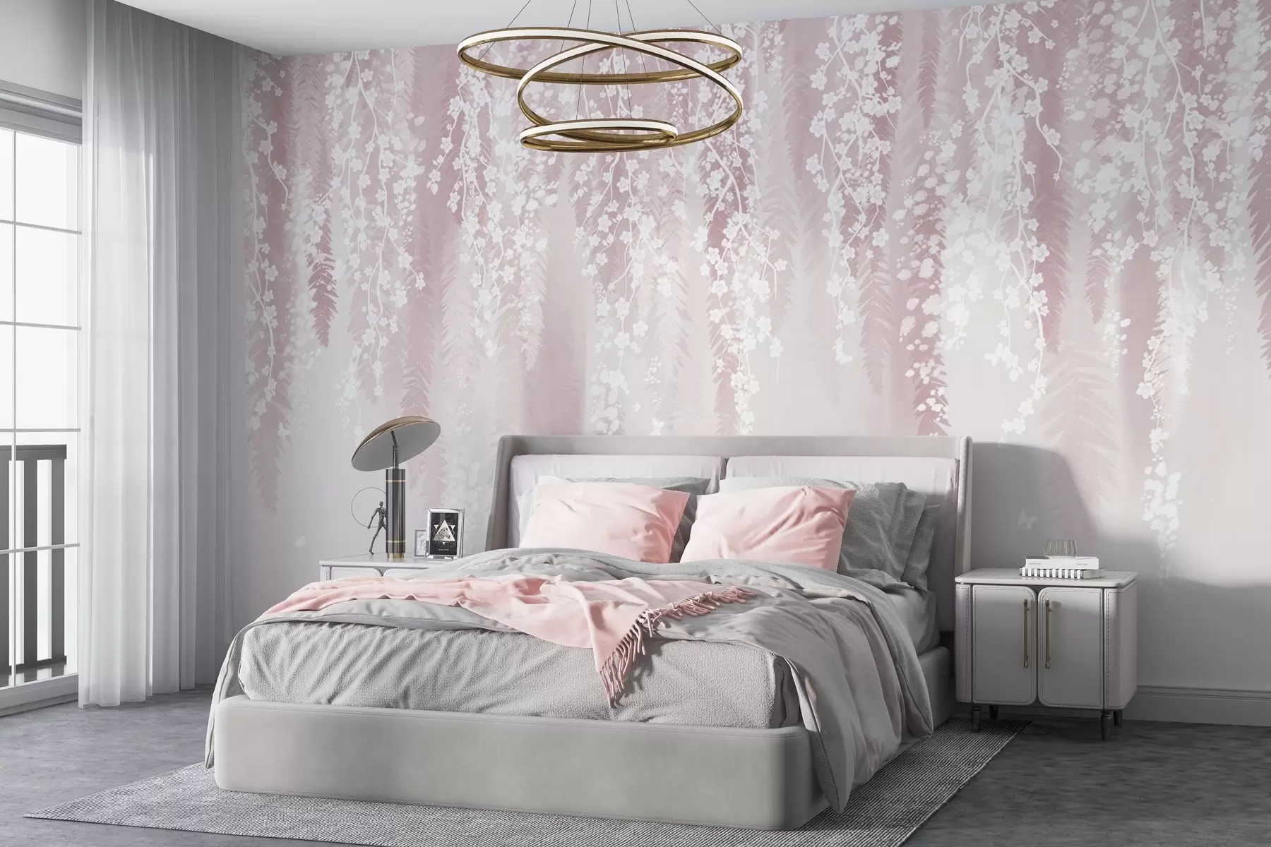 wall murals Pink version of branches with white flowers w04417v1