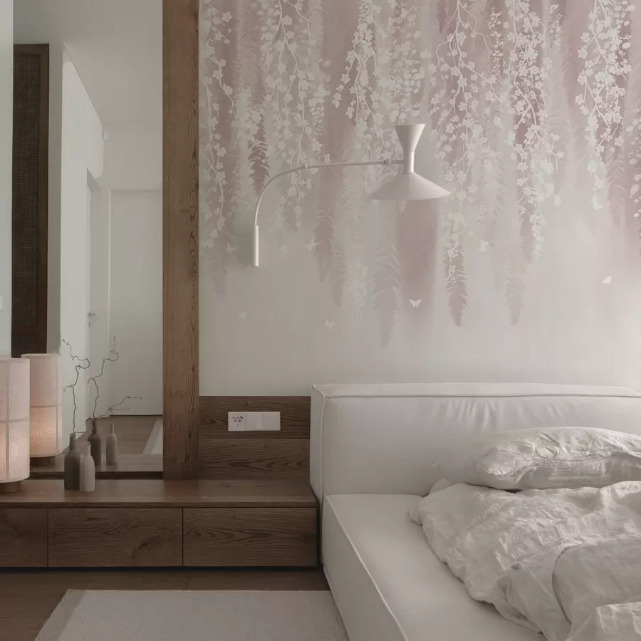 wall murals Pink version of branches with white flowers w04417v1