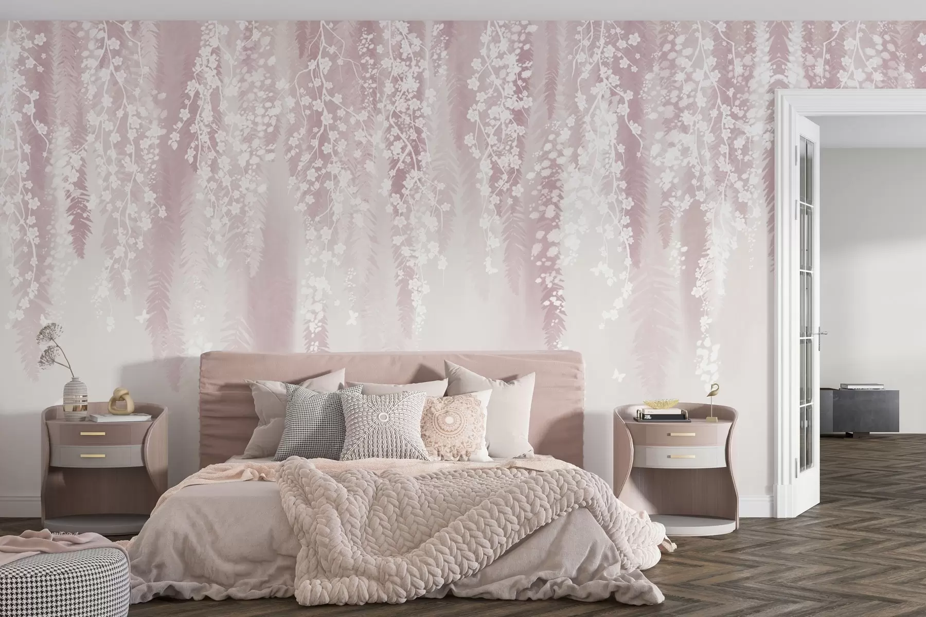 wall murals Pink version of branches with white flowers w04417v1