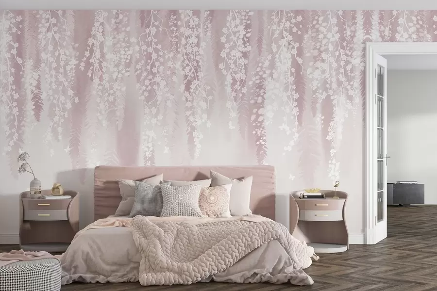 wall murals Pink version of branches with white flowers w04417v1