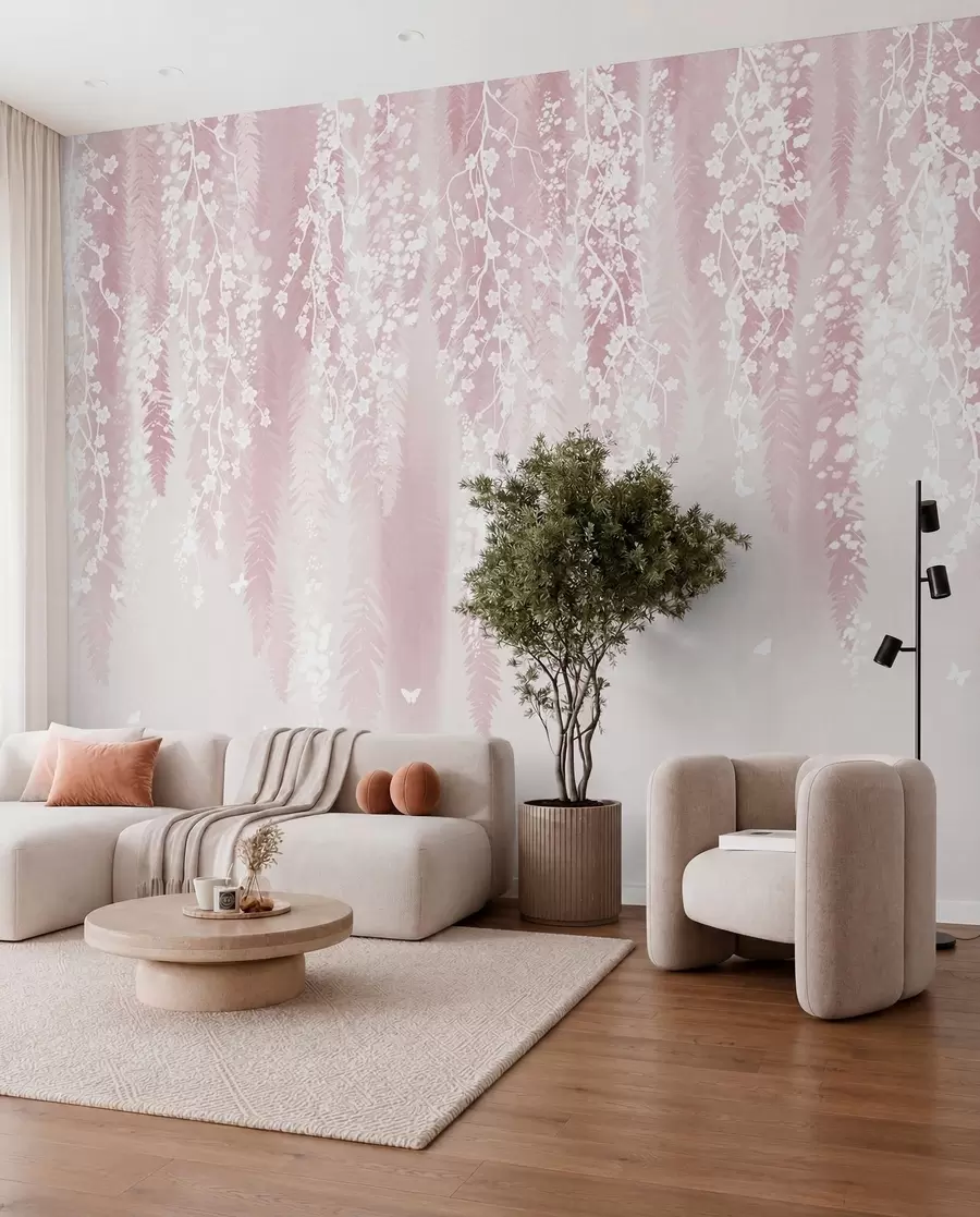 wall murals Pink version of branches with white flowers w04417v1