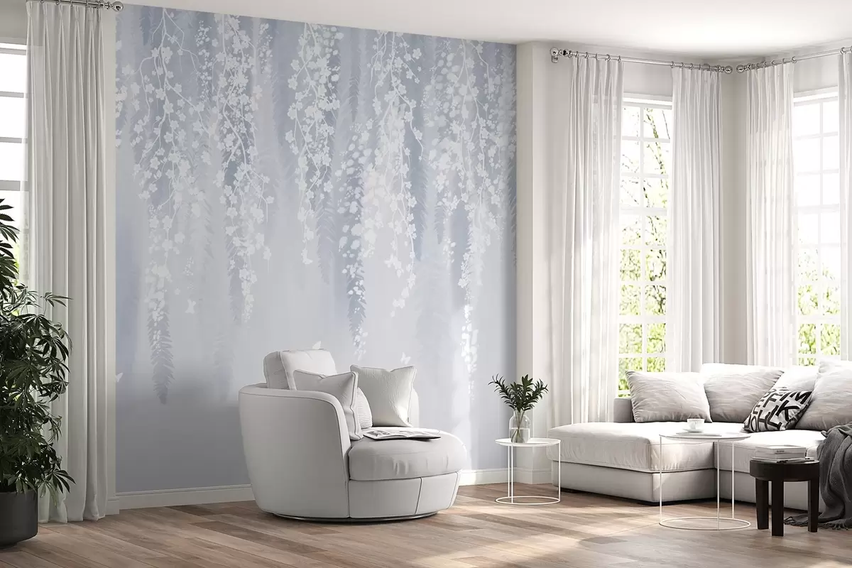 wall murals Cool blue version of branches with white flowers w04417v2