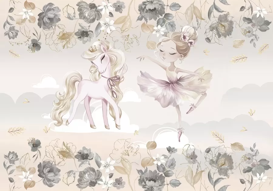 wall murals Snow-white pony and ballerina among flowers and clouds w04419