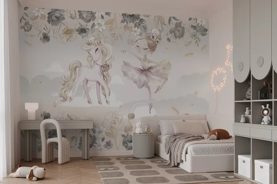 wall murals Snow-white pony and ballerina among flowers and clouds w04419