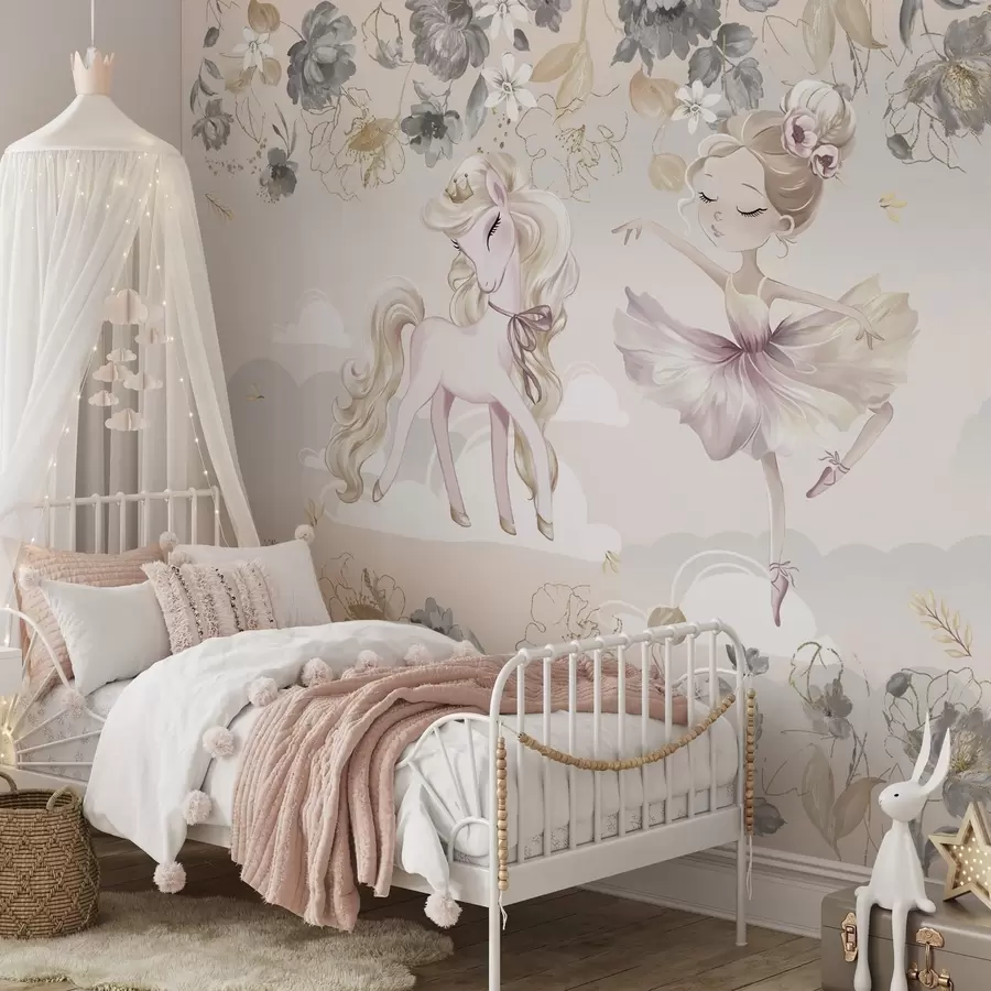 wall murals Snow-white pony and ballerina among flowers and clouds w04419