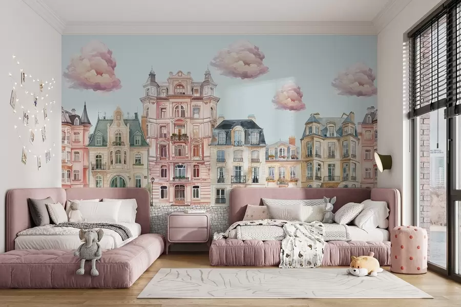 wall murals Colourful houses, clouds w04474