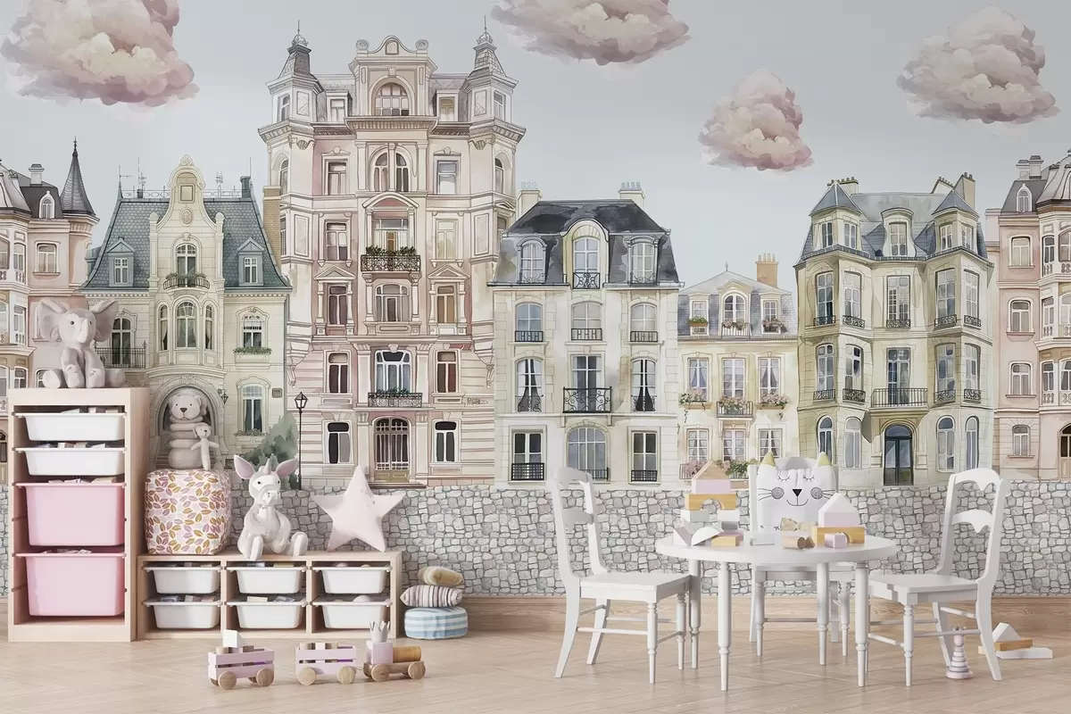 wall murals Colourful houses, clouds w04474v1