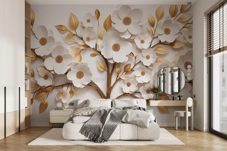 wall murals Tree with white flowers and imitation of relief leaves w09348