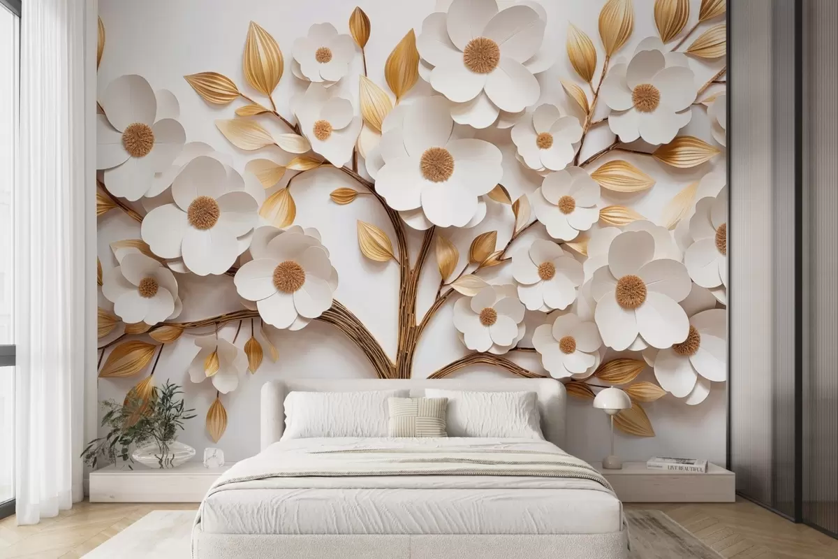 wall murals Tree with white flowers and imitation of relief leaves w09348