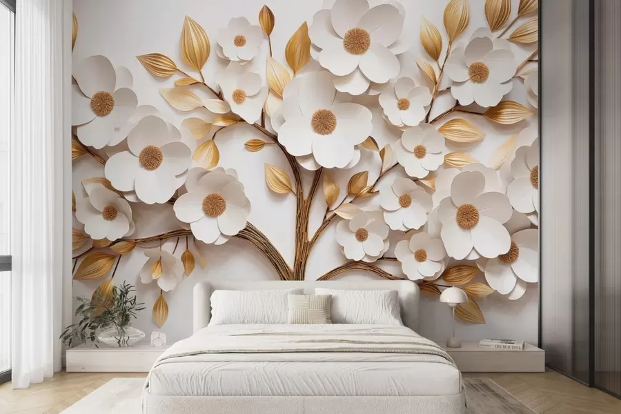 wall murals Tree with white flowers and imitation of relief leaves w09348