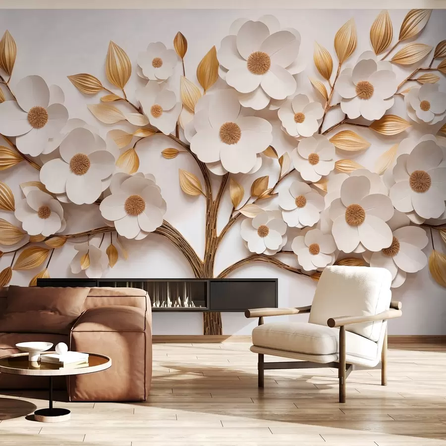wall murals Tree with white flowers and imitation of relief leaves w09348