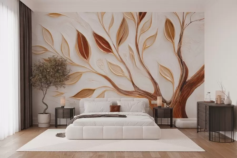 wall murals Decorative tree with leaves and imitation of a textured background w09349