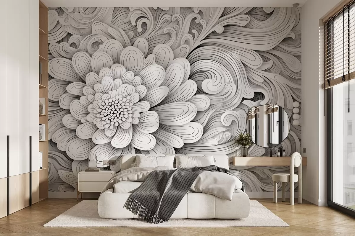 wall murals Decorative black and white pattern in the form of a flower and swirls w09355