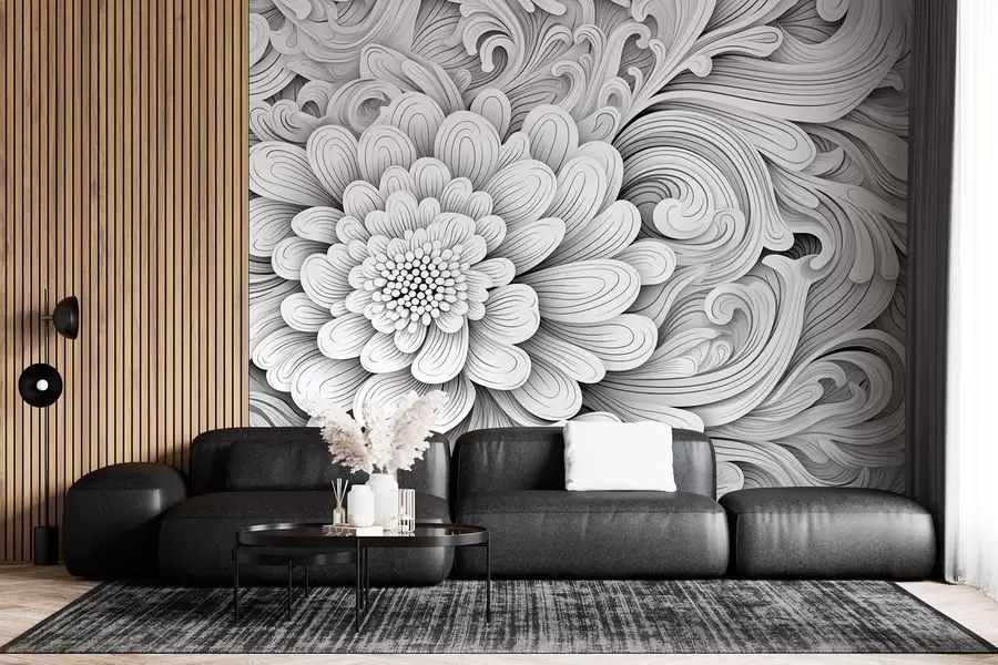 wall murals Decorative black and white pattern in the form of a flower and swirls w09355