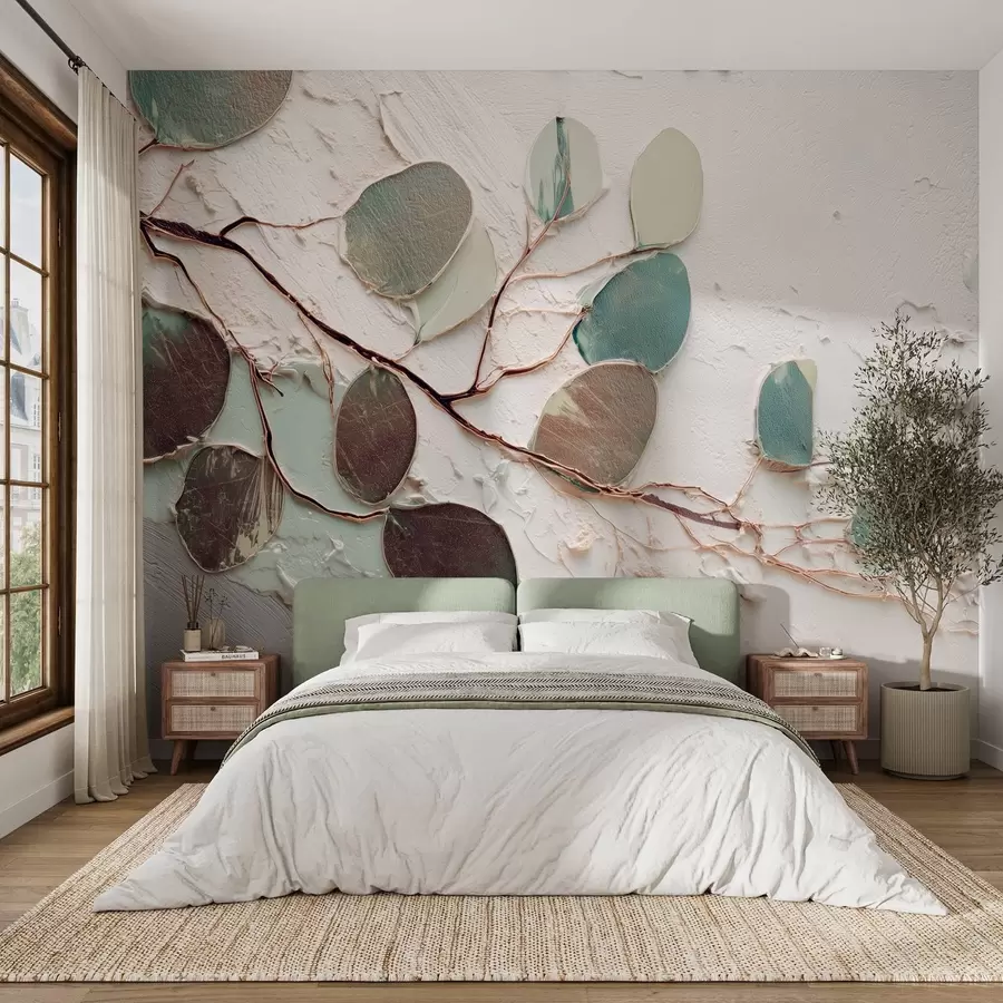 wall murals Decorative tree with leaves and imitation of a textured background w09357