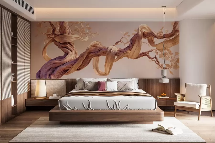 wall murals Twisted tree trunk with decorative leaves w09360