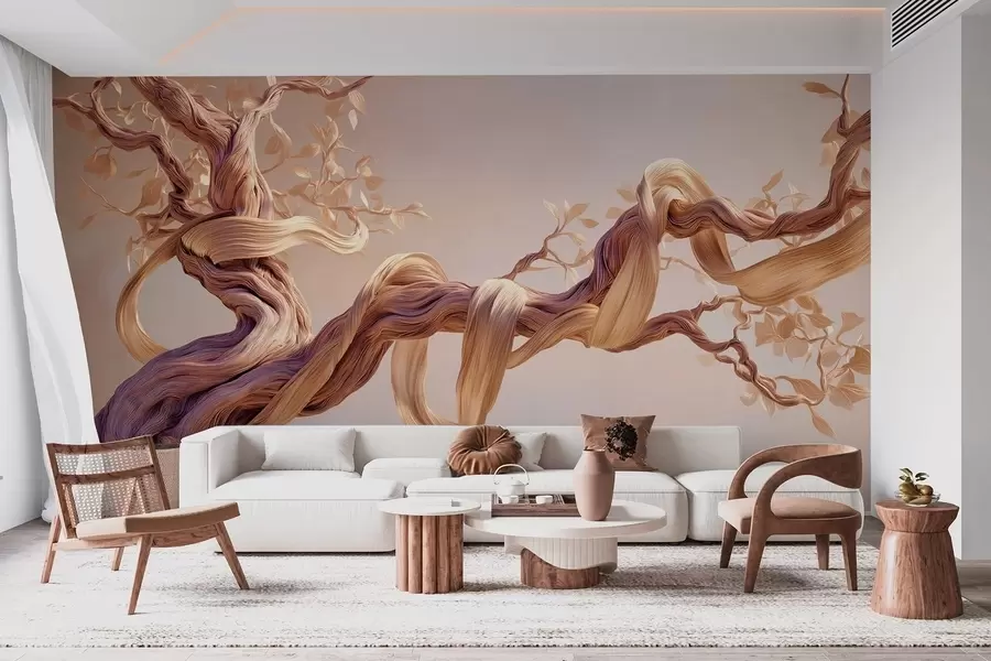 wall murals Twisted tree trunk with decorative leaves w09360
