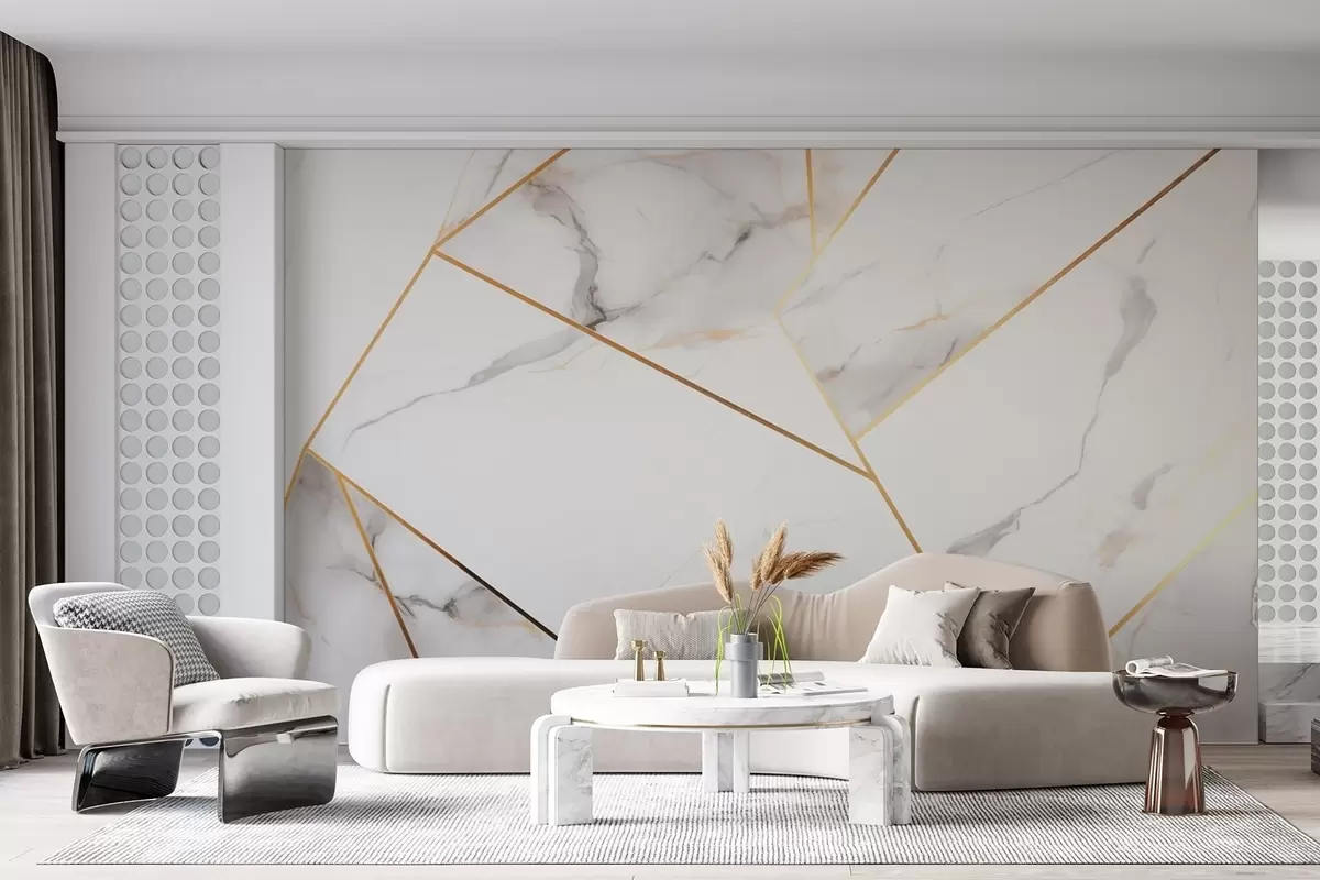 wall murals Imitation of a marble surface with a yellow geometric pattern w09363