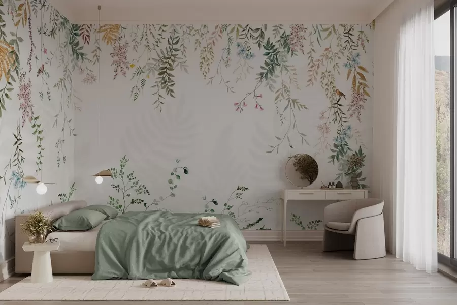 wall murals Botanical illustration with ferns, grass, and hanging plants, pastel tones, on white background watercolor textured style w09364